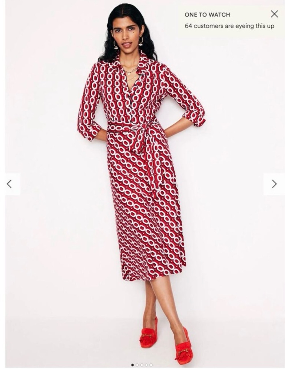 Boden Red and White Long-Sleeve Wrap Dress with Oval Print
